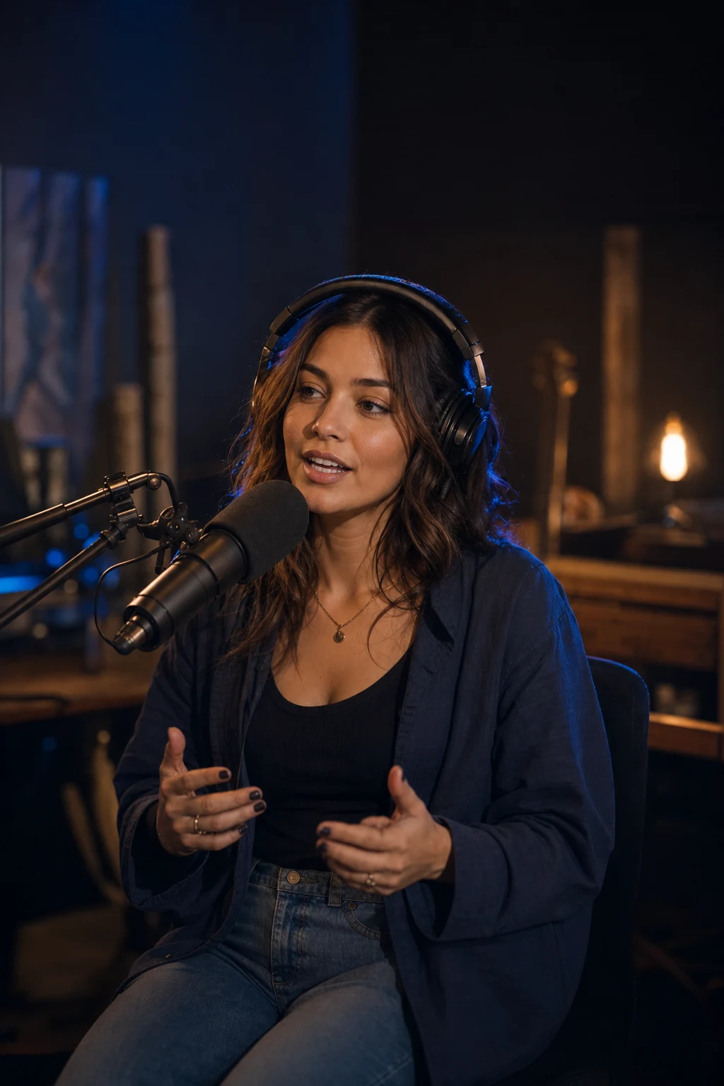 Creator speaking into a studio microphone