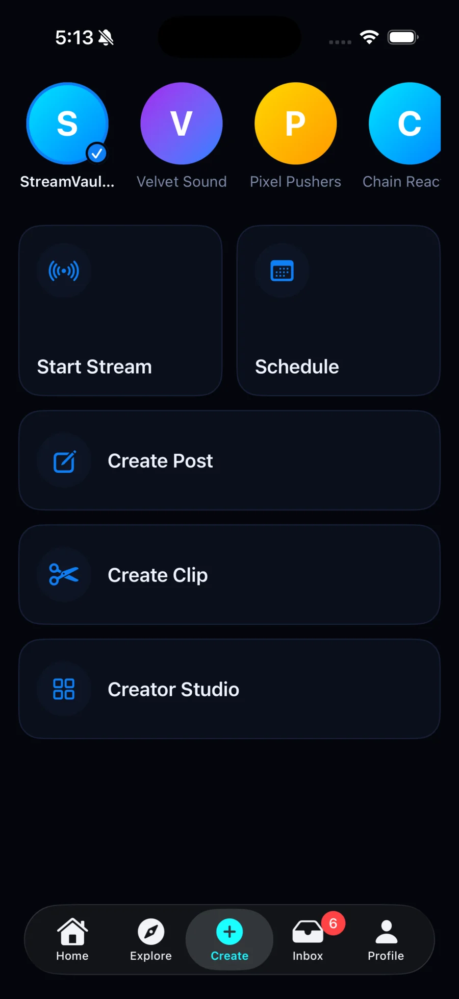 Actual StreamVault Create hub