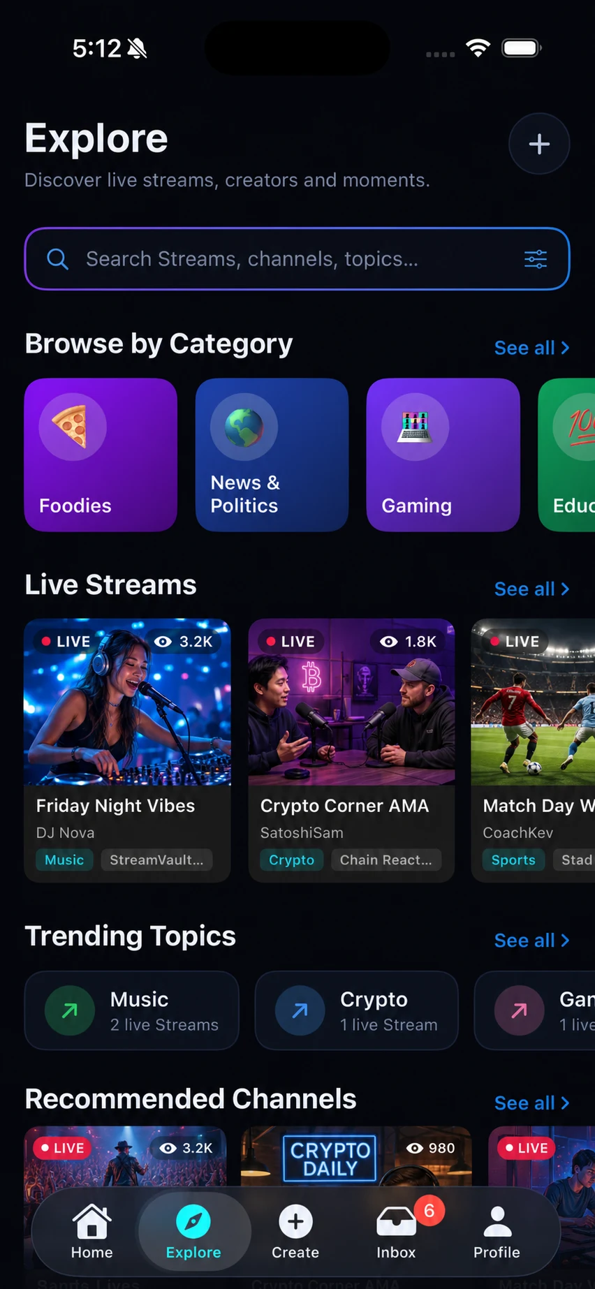 Populated StreamVault Explore interface with live creator content