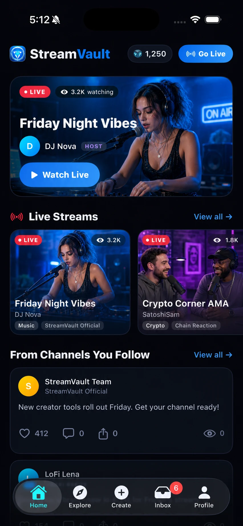 Populated StreamVault Home screen with live creator content