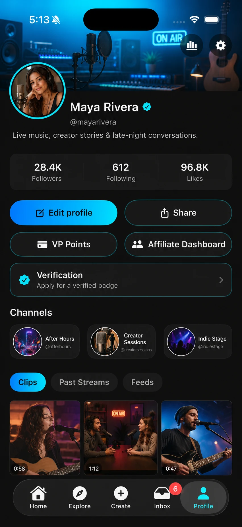 Populated StreamVault creator profile with Channels and clips