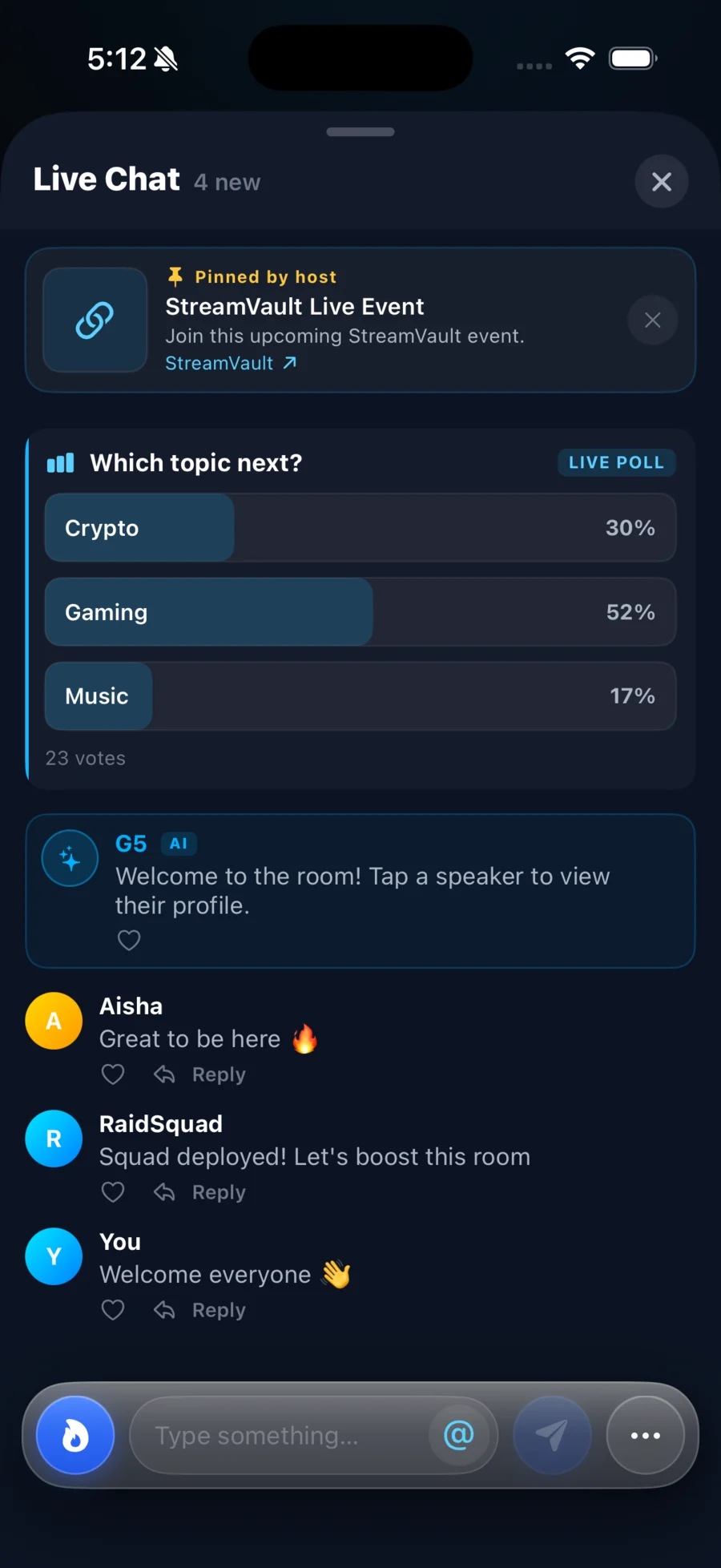 Actual StreamVault live chat interface
