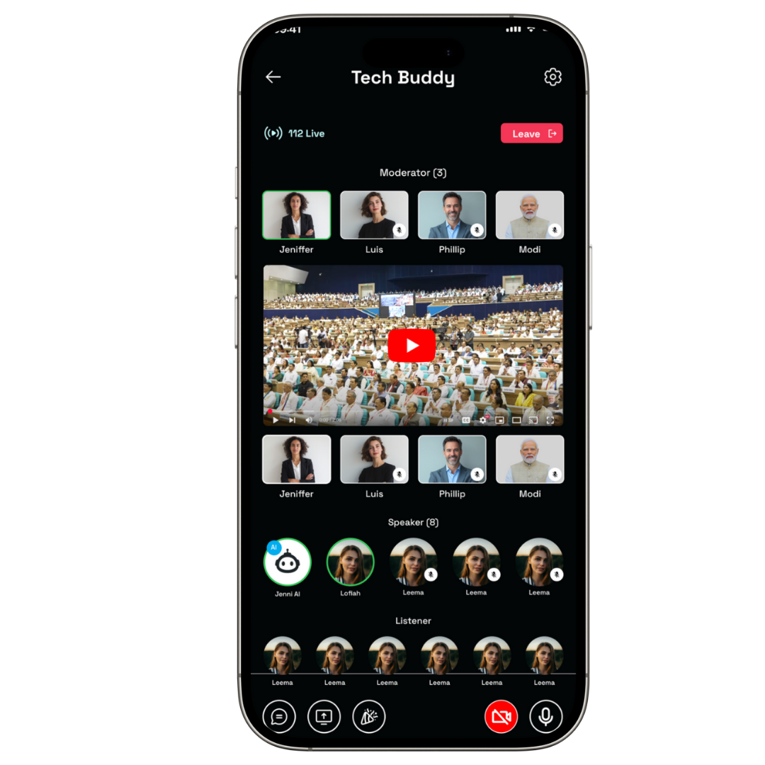 Live room preview with participants and chat — join the conversation